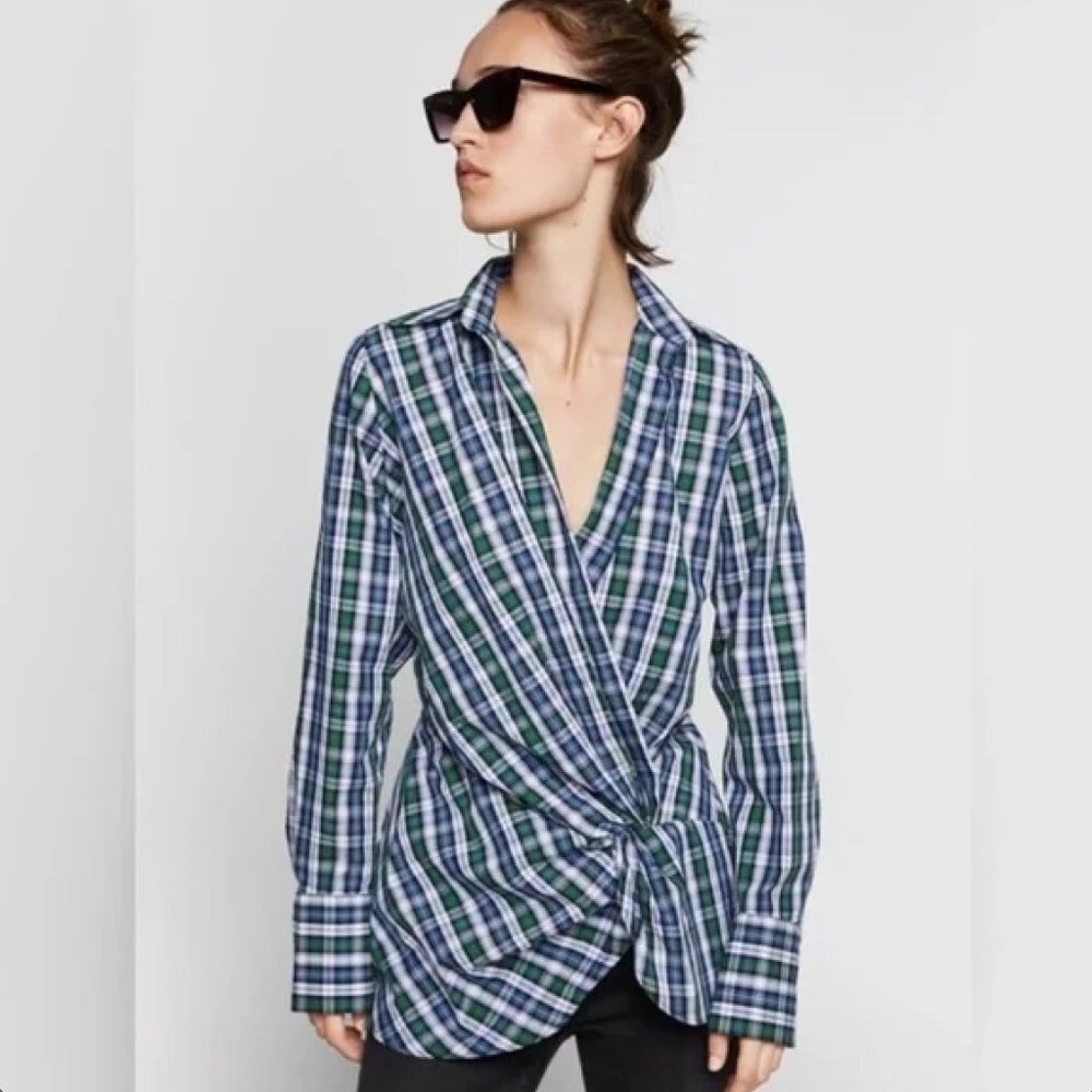 ZARA Woman Blue Green White Plaid Faux Wrap Long Sleeve Blouse Shirt Size XS
